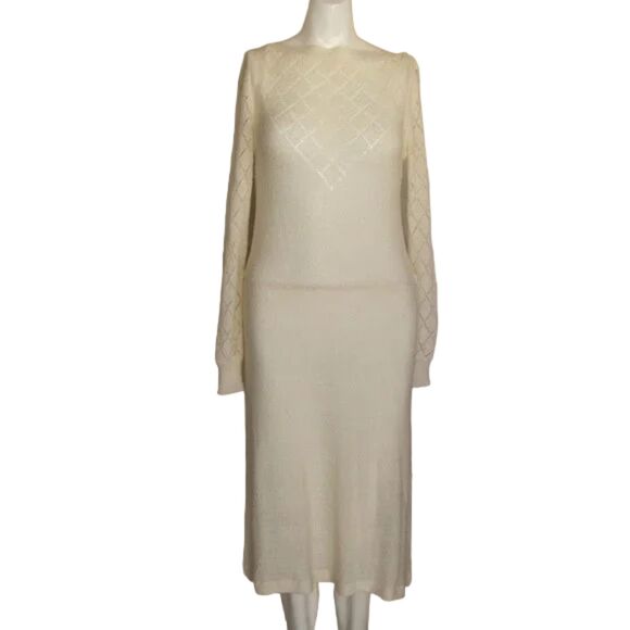 Vintage Knit Midi Dress, S, Ivory Acrylic, Long sleeves, Pointelle, 70s - Picture 6 of 13